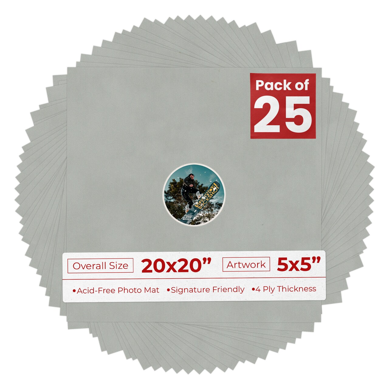 Light Grey Suede Mat Board for 20x20 Frames - Circle Opening for 5x5 Photos